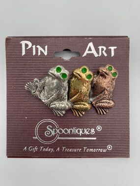 Spooniques Frog Trio Pin Brooch Vintage Style Green Eyes Silver Bronze Copper